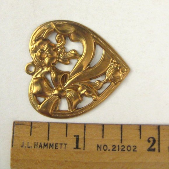 Goldtone Heart Pendant ONLY Repousse Metal Bow Flower Floral Filigree Valentine - Picture 2 of 3